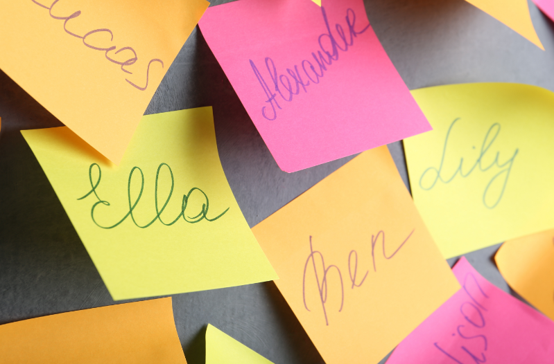 Baby names in colorful post-its 
